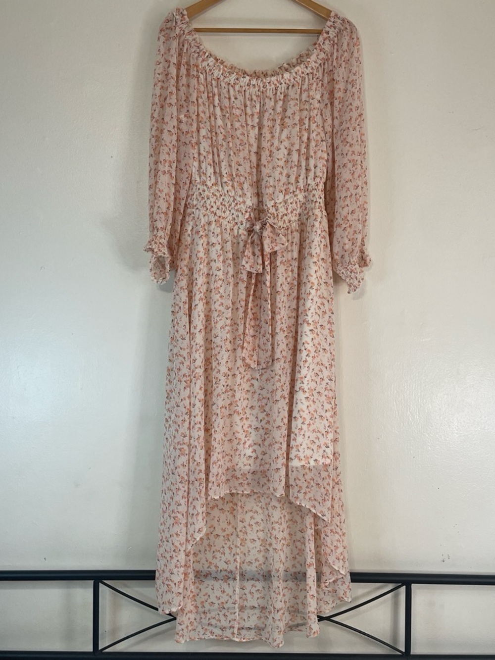 Cottagecore peasant dress, Light Pink Floral High-Low , long sleeve size large
